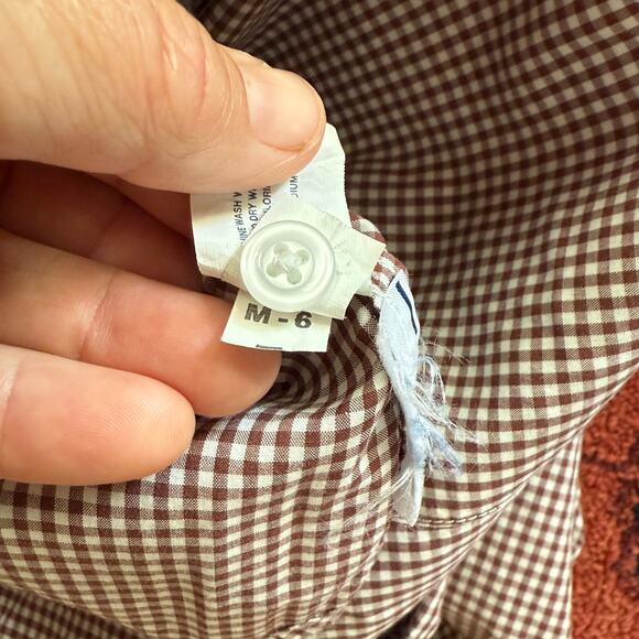 GAP 14 Brown/White Mini Gingham Super Smooth 3/4 Sleeve Button Front Blouse - Picture 9 of 9